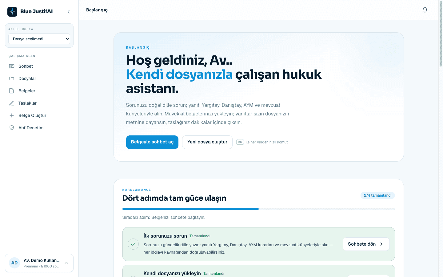 Başlangıç ekranı: dört adımlık kurulum kontrol listesi ve ilerleme çubuğu