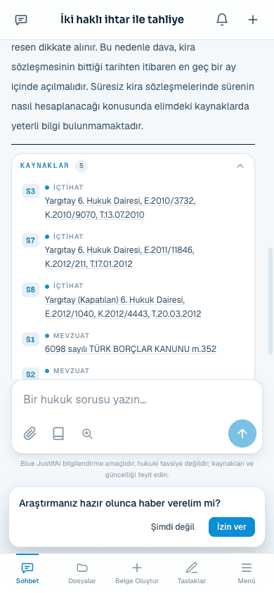 Telefonda Araştır ekranı: yanıt ve kaynak künyeleri